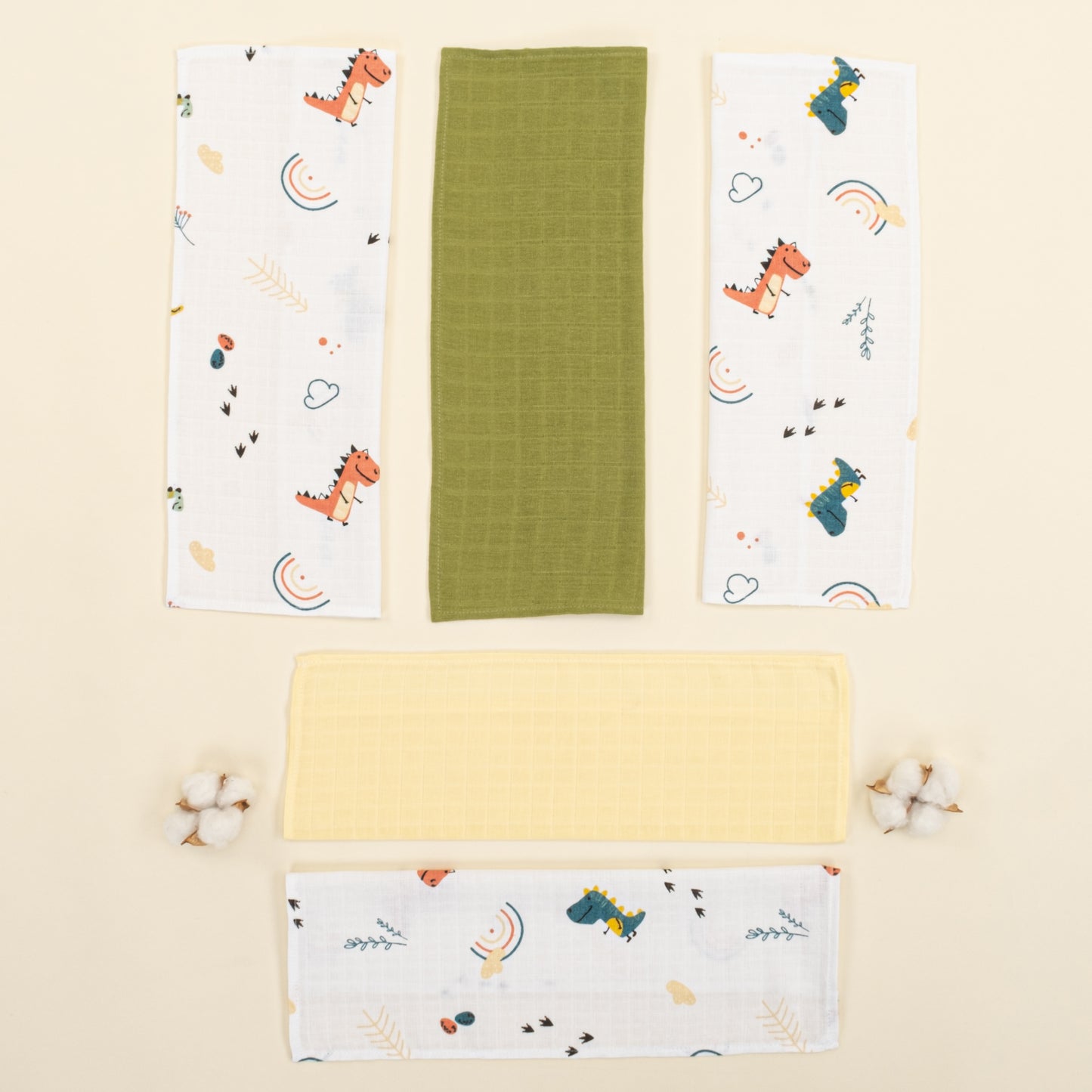 5'li Omuz Mendili Set - Sarı Muslin - Renkli Dinazor - Fıstık Yeşili Muslin