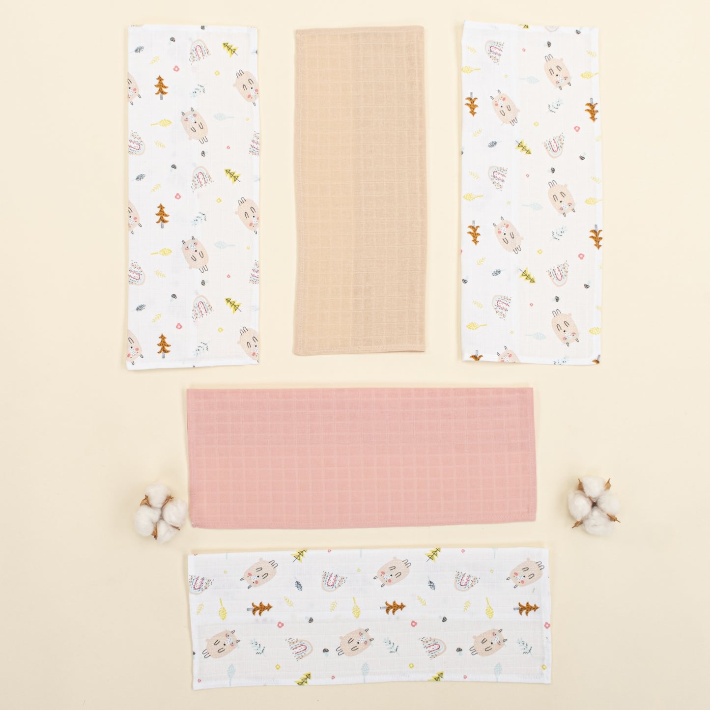5'li Omuz Mendili Set - Minik Koyunlar - Kumsal Beji Muslin - Pudra Muslin