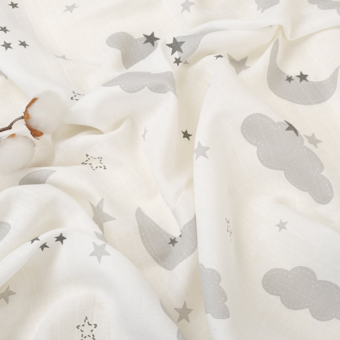3 lü Bebek Muslin Kundak Set - Dört Katlı Püsküllü Gri - İki Katlı Bebe Mavi - Gri Ay