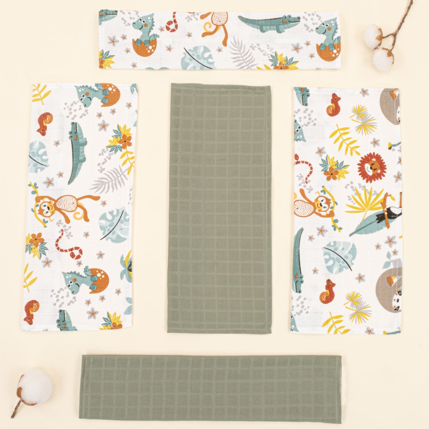 5'li Omuz Mendili Set - Haki Muslin - Hayvanat Bahçesi