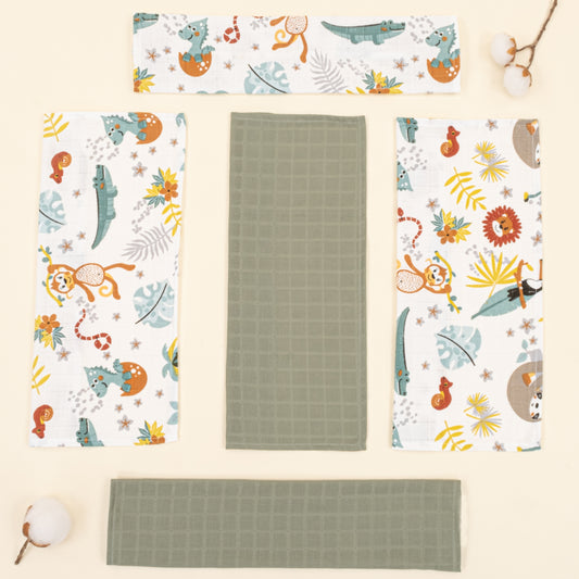 5'li Omuz Mendili Set - Haki Muslin - Hayvanat Bahçesi