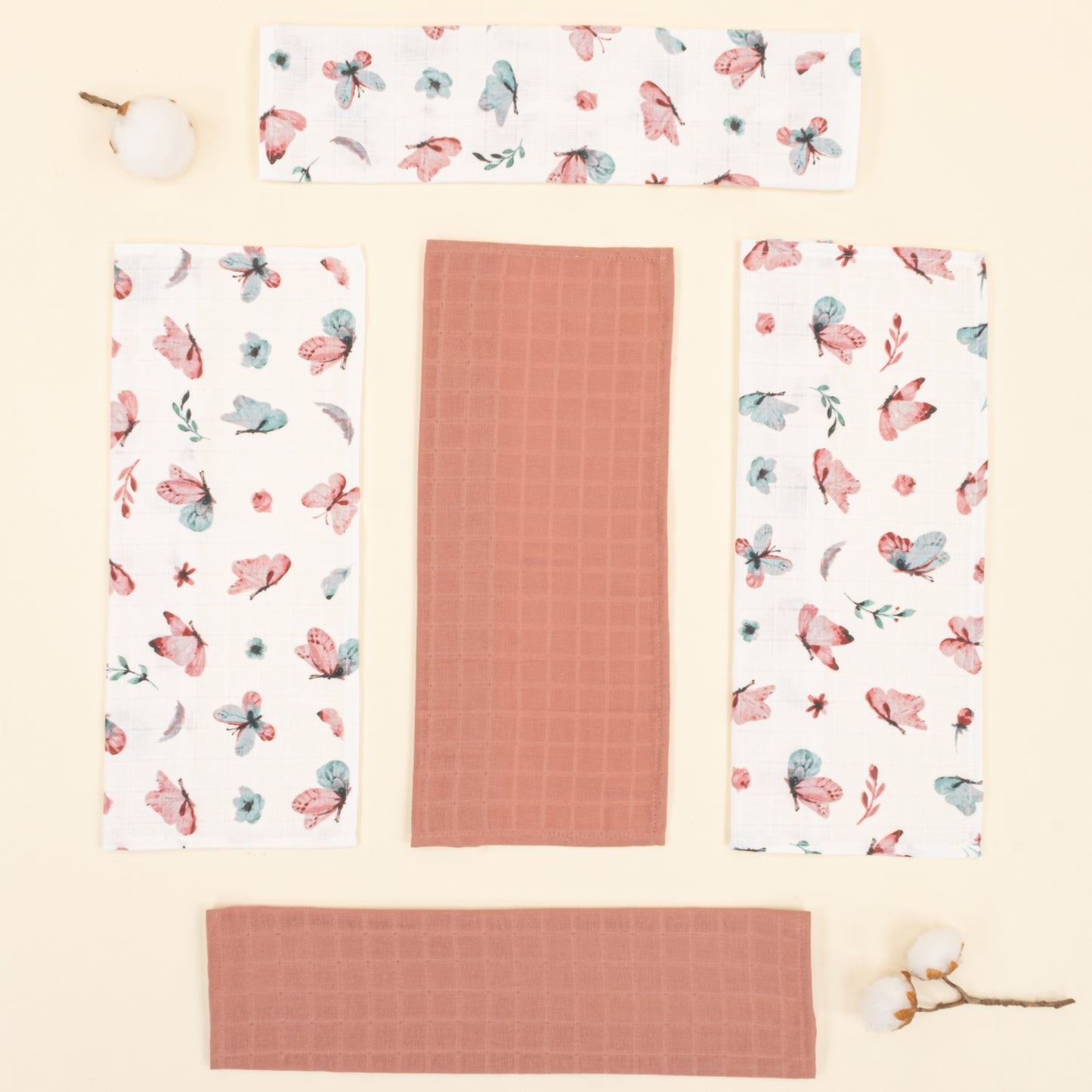 5'li Omuz Mendili Set - Gül Kurusu Muslin - Kelebek