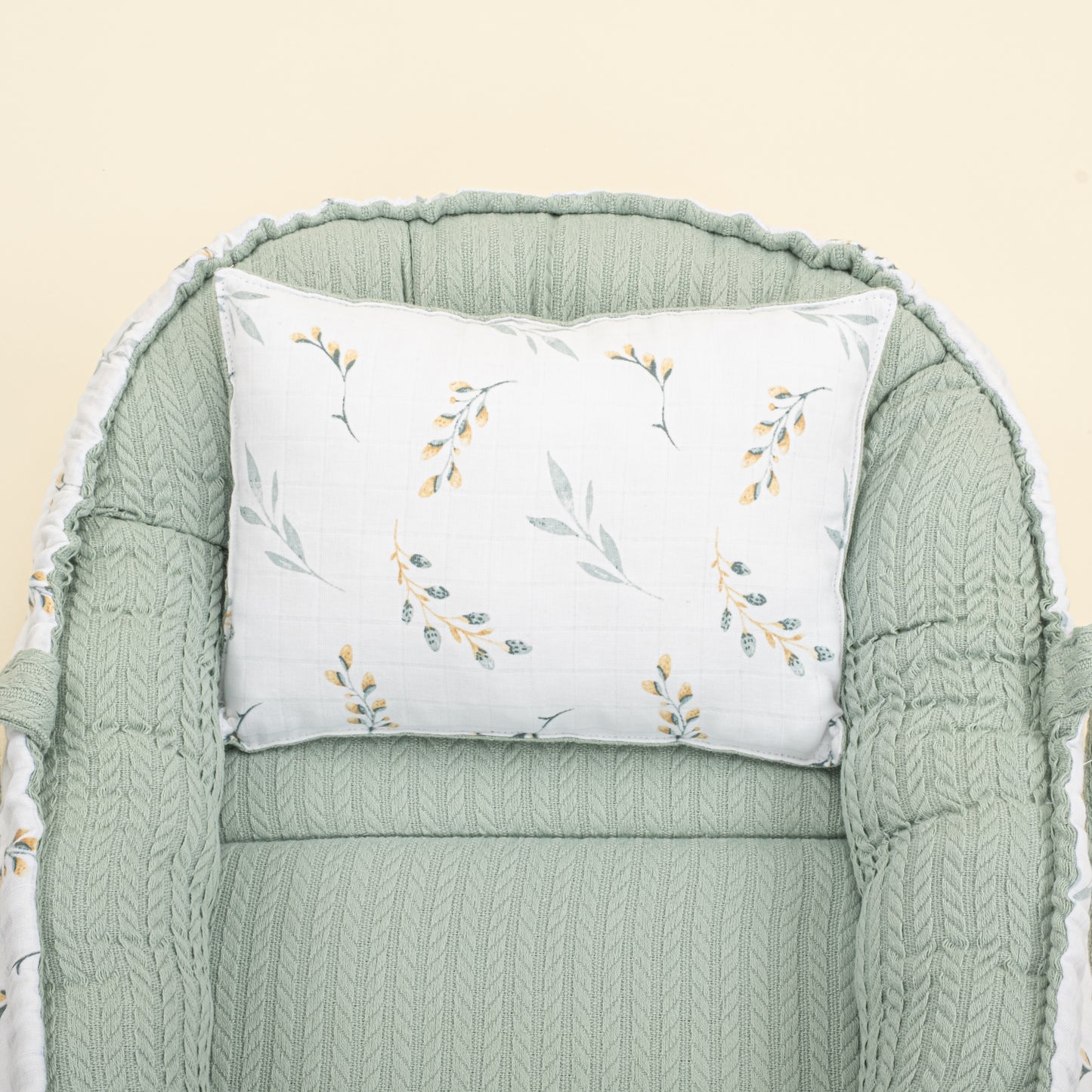Babynest ve Yastık - Çift Taraflı - Mint Örgü - Yapraklar