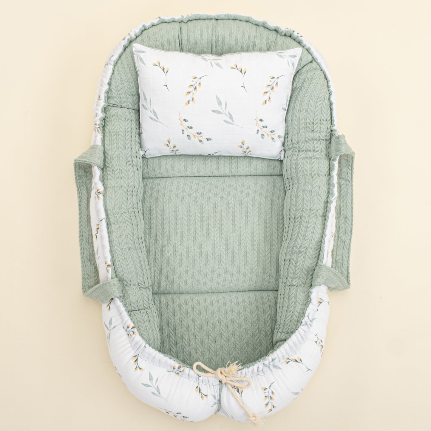 Babynest ve Yastık - Çift Taraflı - Mint Örgü - Yapraklar