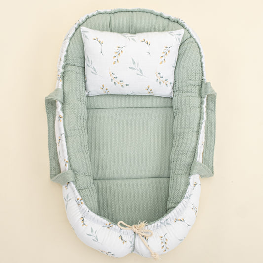 Babynest ve Yastık - Çift Taraflı - Mint Örgü - Yapraklar