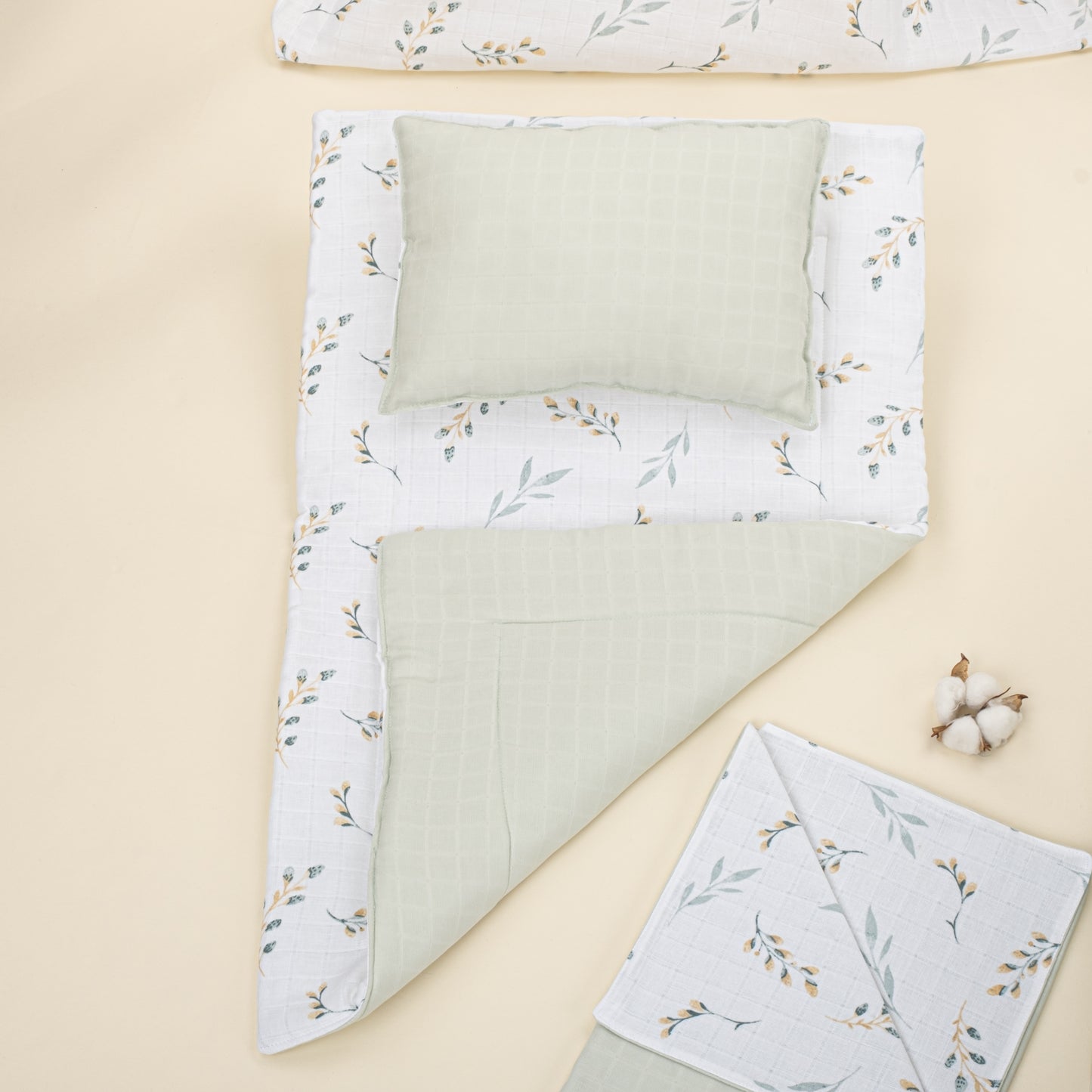 18 Parça Full Set - Çift Taraflı - Açık Yeşil Muslin - Yapraklar