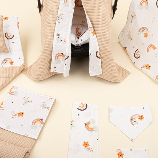 11 Parça Avantajlı Set - Çift Taraflı - Bej Petek - Turuncu Gökkuşağı