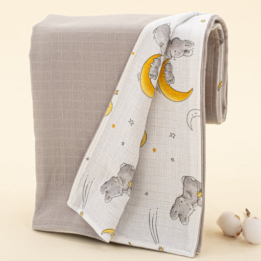 Çift Taraflı Muslin Örtü - Açık Gri Muslin - Gri Tavşan