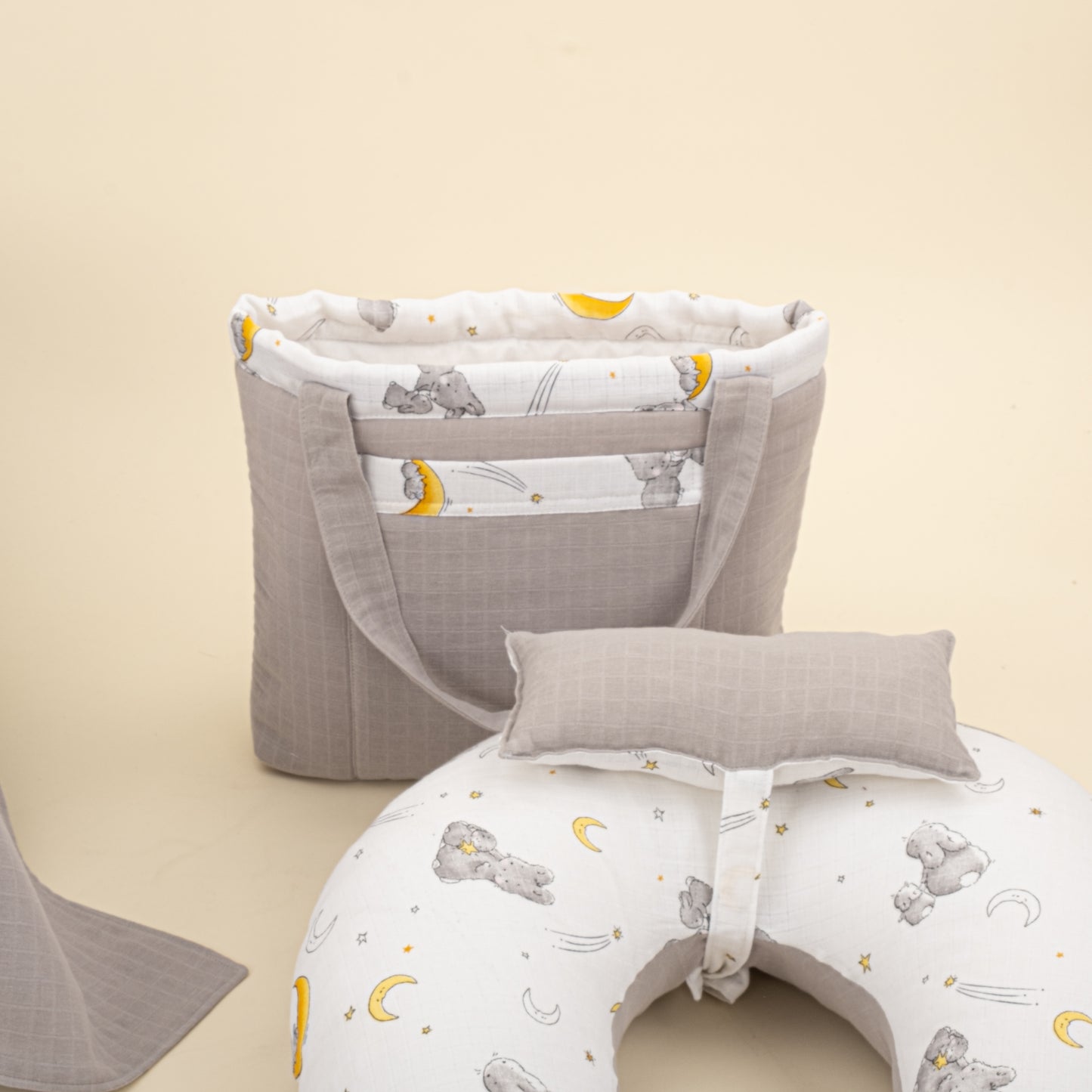 18 Parça Full Set - Çift Taraflı - Açık Gri Muslin - Gri Tavşan