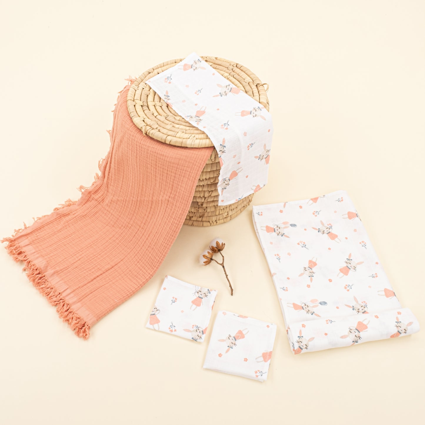 Dört Katlı Organik Muslin Set - Mercan - Tavşan