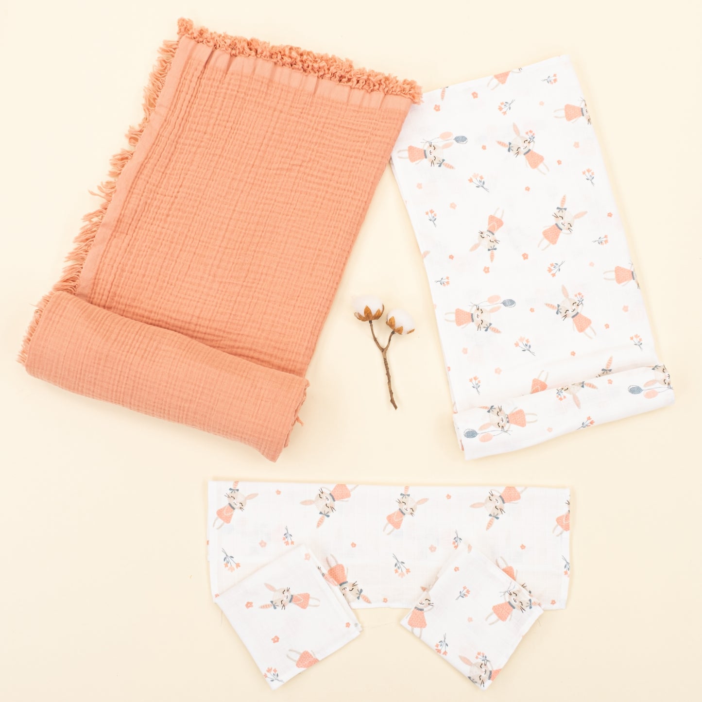 Dört Katlı Organik Muslin Set - Mercan - Tavşan