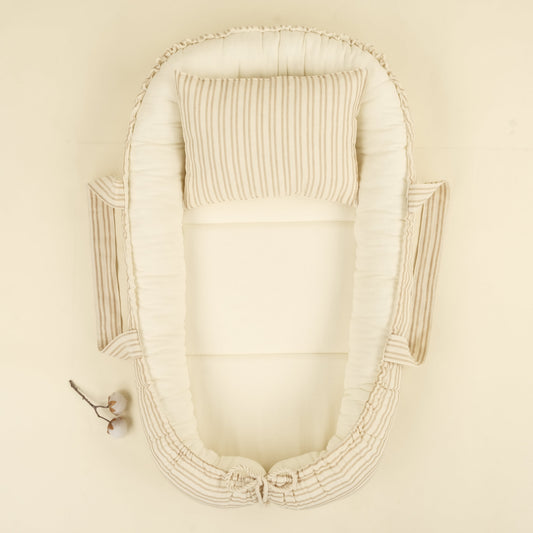 Babynest ve Yastık - Çift Taraflı - İki Katlı Kum Çizgili - Krem Muslin