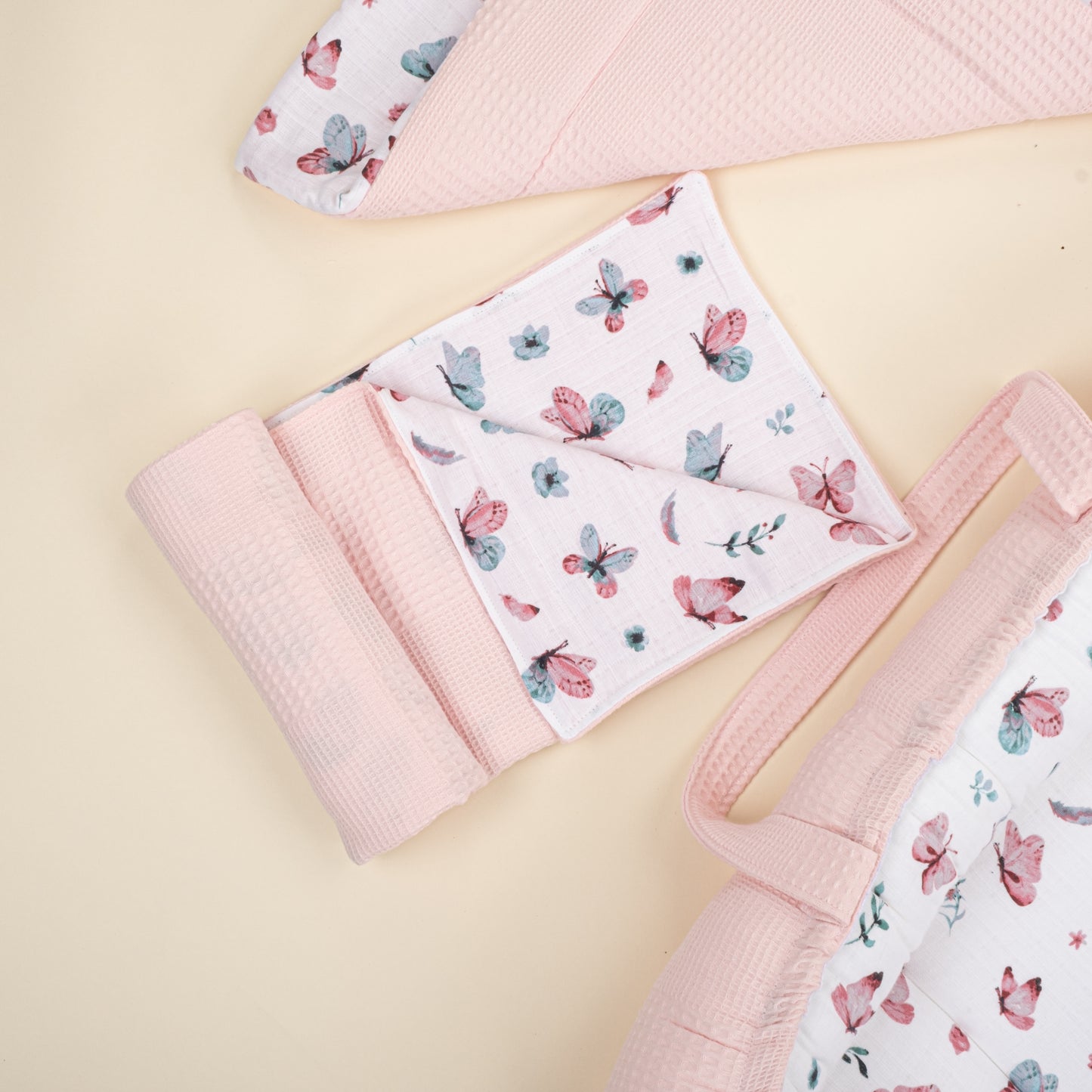 18 Parça Full Set - Çift Taraflı - Pembe Waffle - Kelebekler