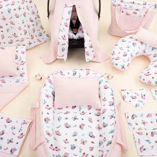 18 Parça Full Set - Çift Taraflı - Pembe Waffle - Kelebekler