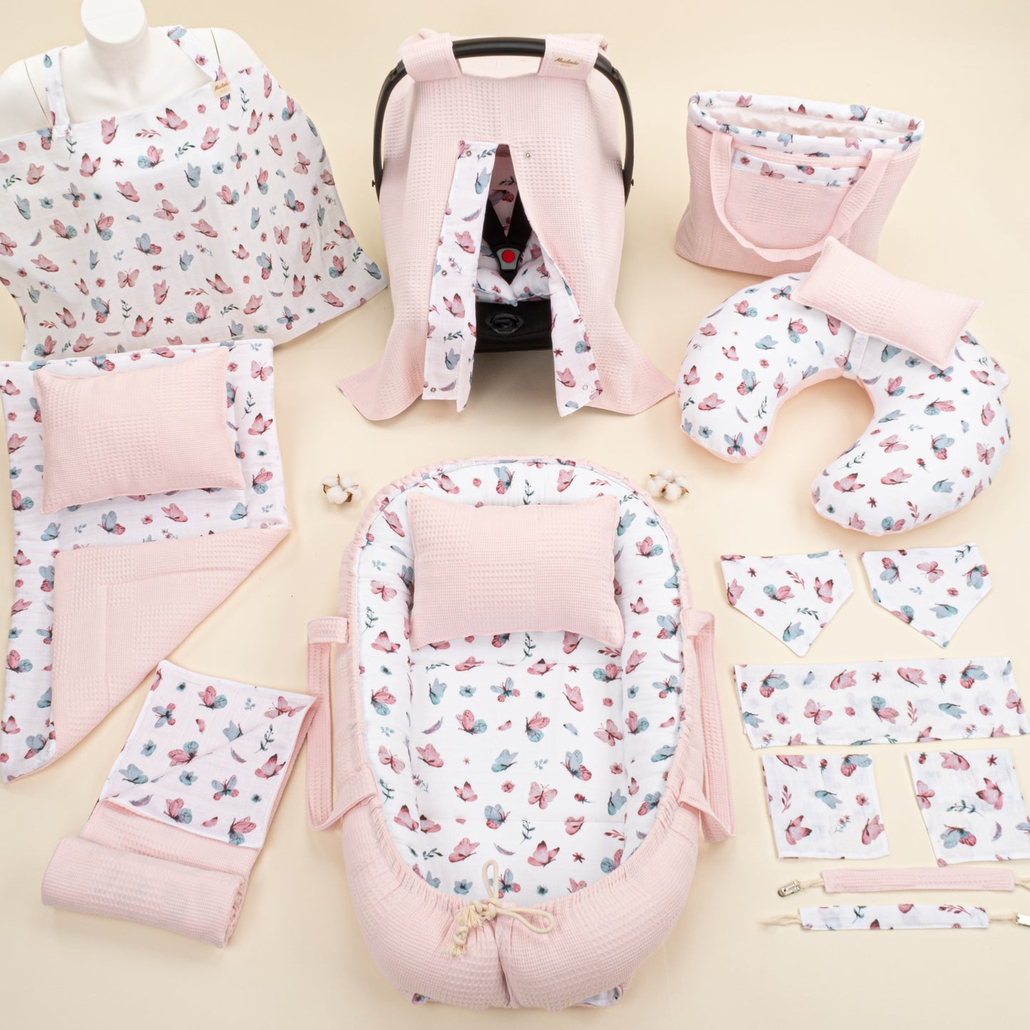 18 Parça Full Set - Çift Taraflı - Pembe Waffle - Kelebekler