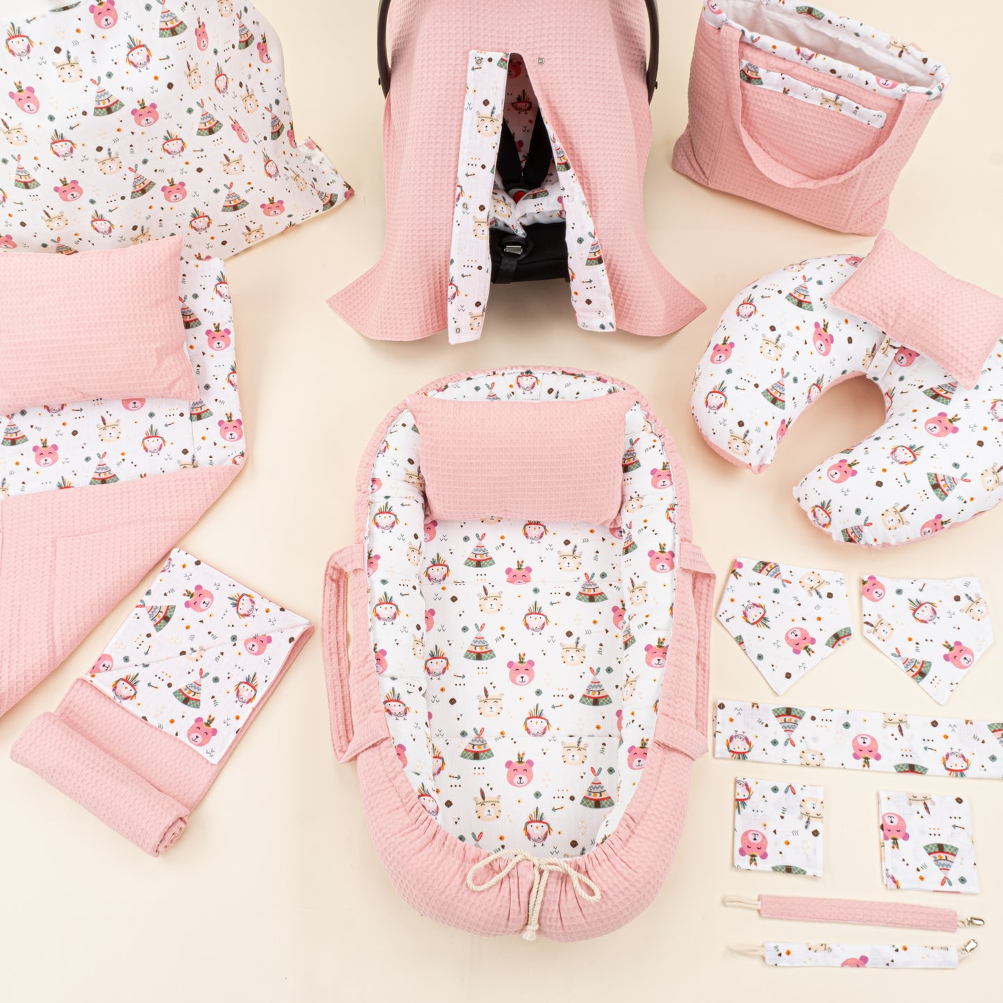 18 Parça Full Set - Çift Taraflı - Pembe Petek - Pembe Ayıcıklar