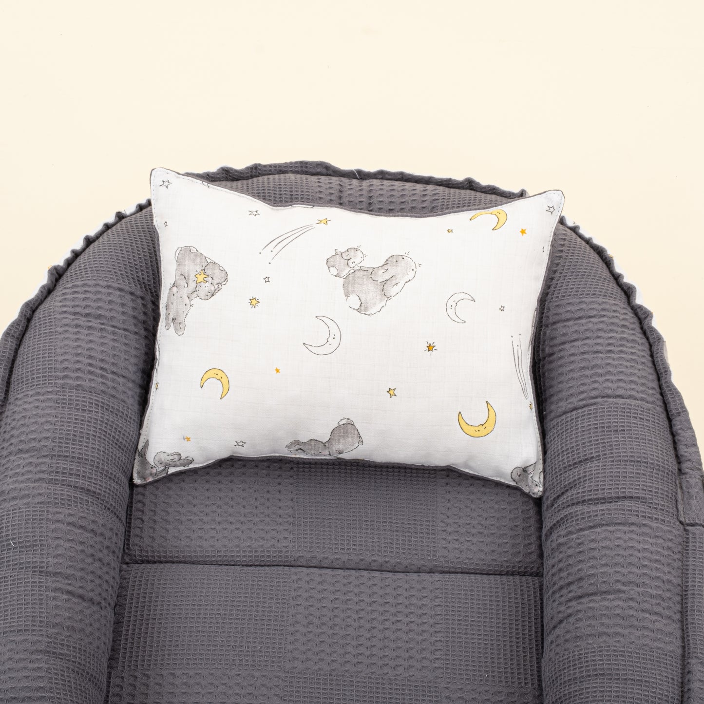Babynest ve Yastık - Çift Taraflı - Antrasit Waffle - Gri Tavşan