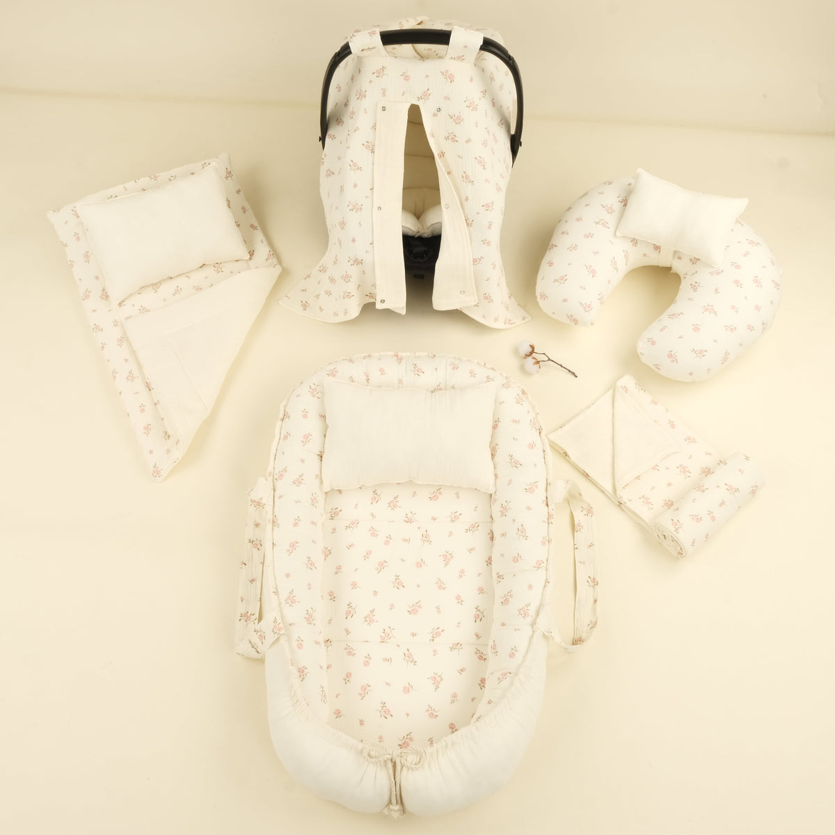 9 Parça Çift Taraflı Muslin Setler - İki Katlı Soft Çiçekler - Krem İki Katlı Muslin