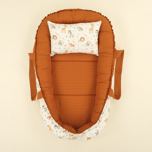 Babynest ve Yastık - Çift Taraflı - İki Katlı Safari - Kiremit Muslin