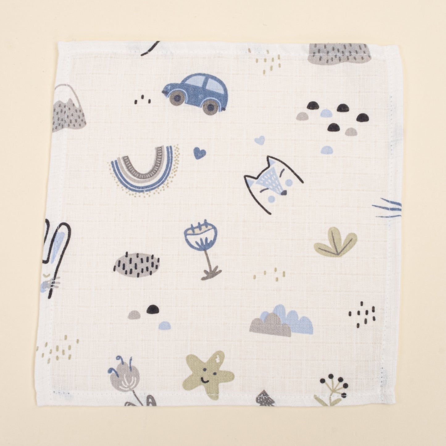 10'lu Ağız Mendili Seti - Bebe Mavi Muslin - Mavi Kedi