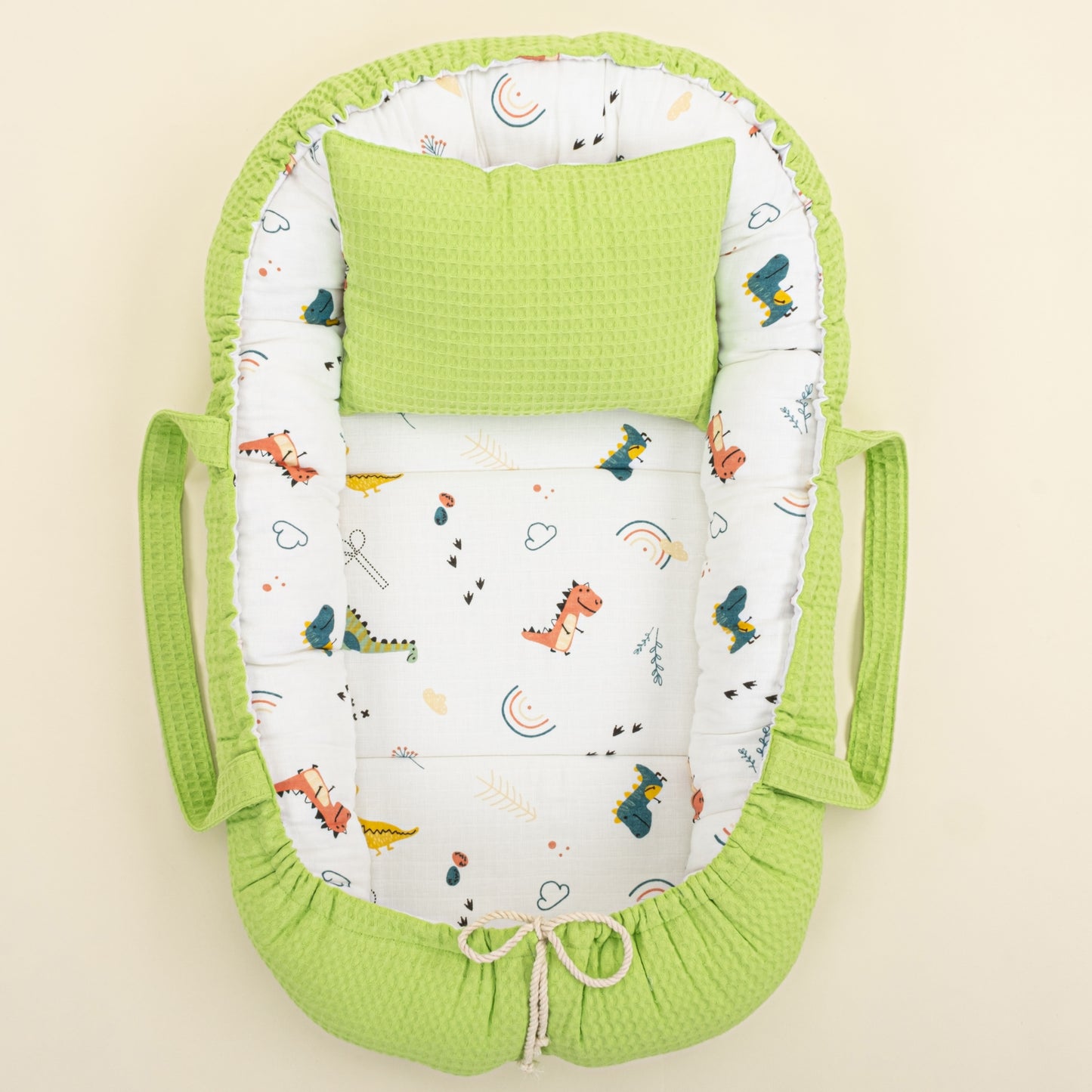 Babynest ve Yastık- Çift Taraflı - Fıstık Yeşili Petek - Renkli Dinazor