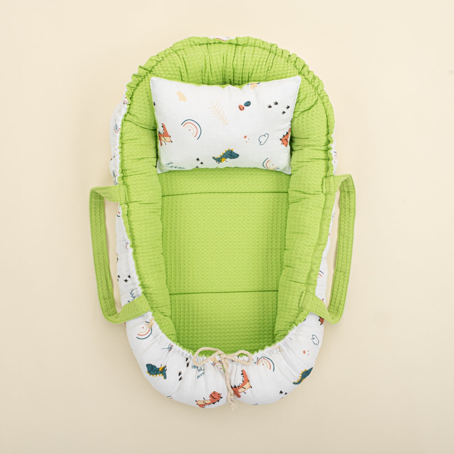 Babynest ve Yastık- Çift Taraflı - Fıstık Yeşili Petek - Renkli Dinazor