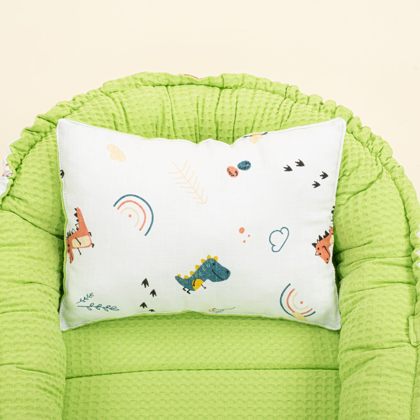 Babynest ve Yastık- Çift Taraflı - Fıstık Yeşili Petek - Renkli Dinazor