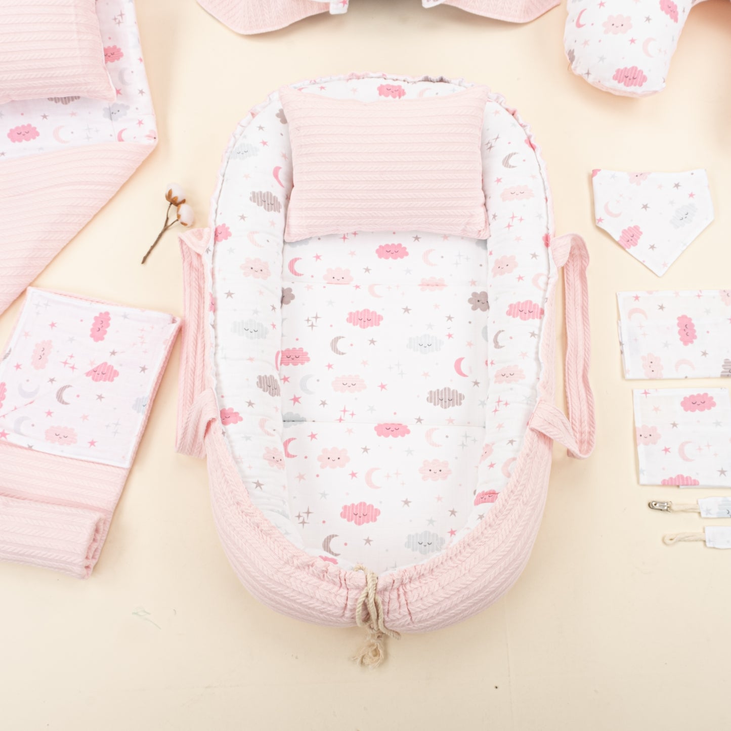 18 Parça Full Set - Çift Taraflı - Şeker Pembe Örgü - Pembe Bulut