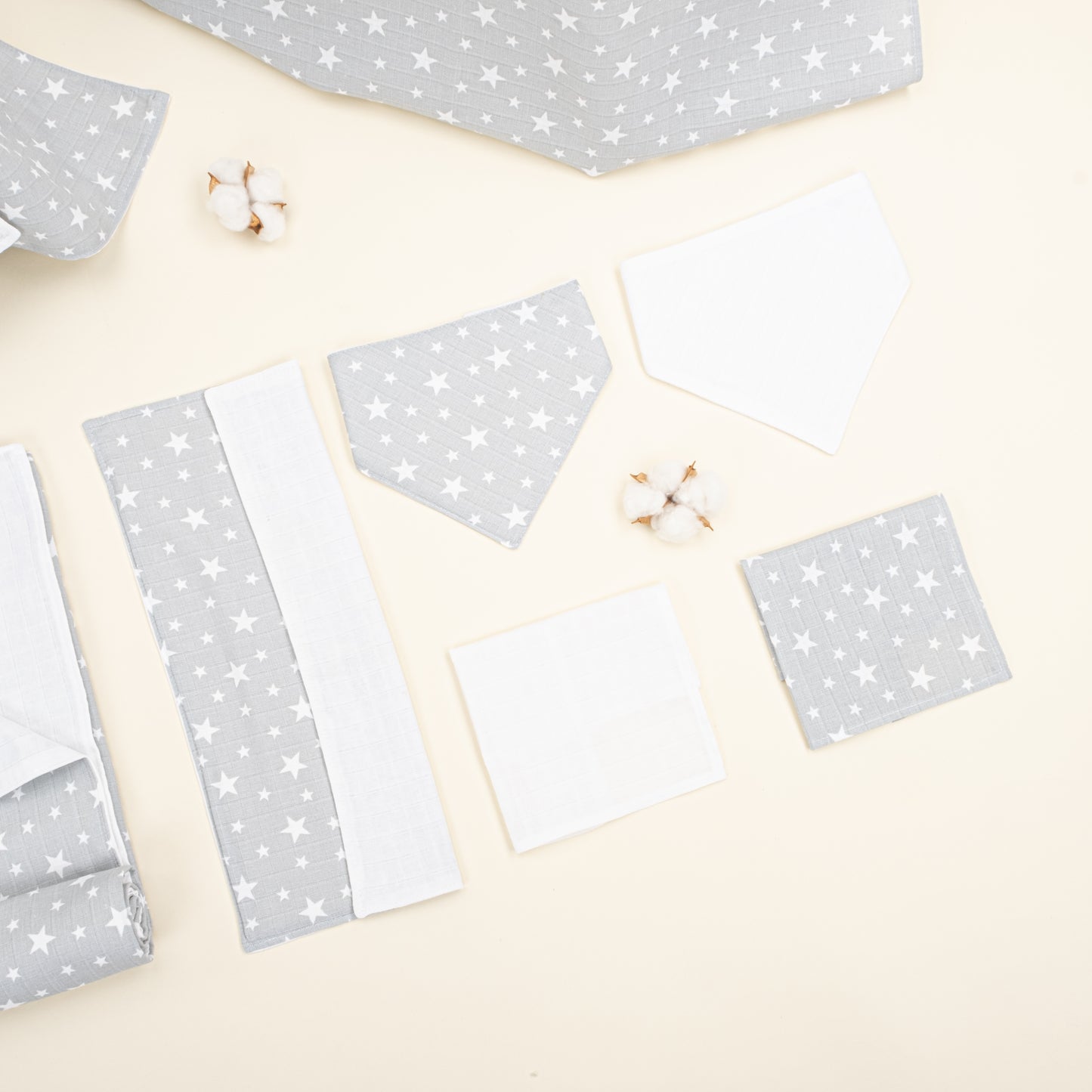 9 Parça Avantajlı Set - Çift Taraflı - Krem Muslin - Gri Minik Yıldızlar
