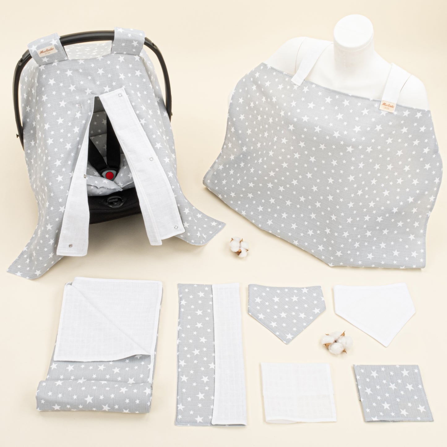 9 Parça Avantajlı Set - Çift Taraflı - Krem Muslin - Gri Minik Yıldızlar