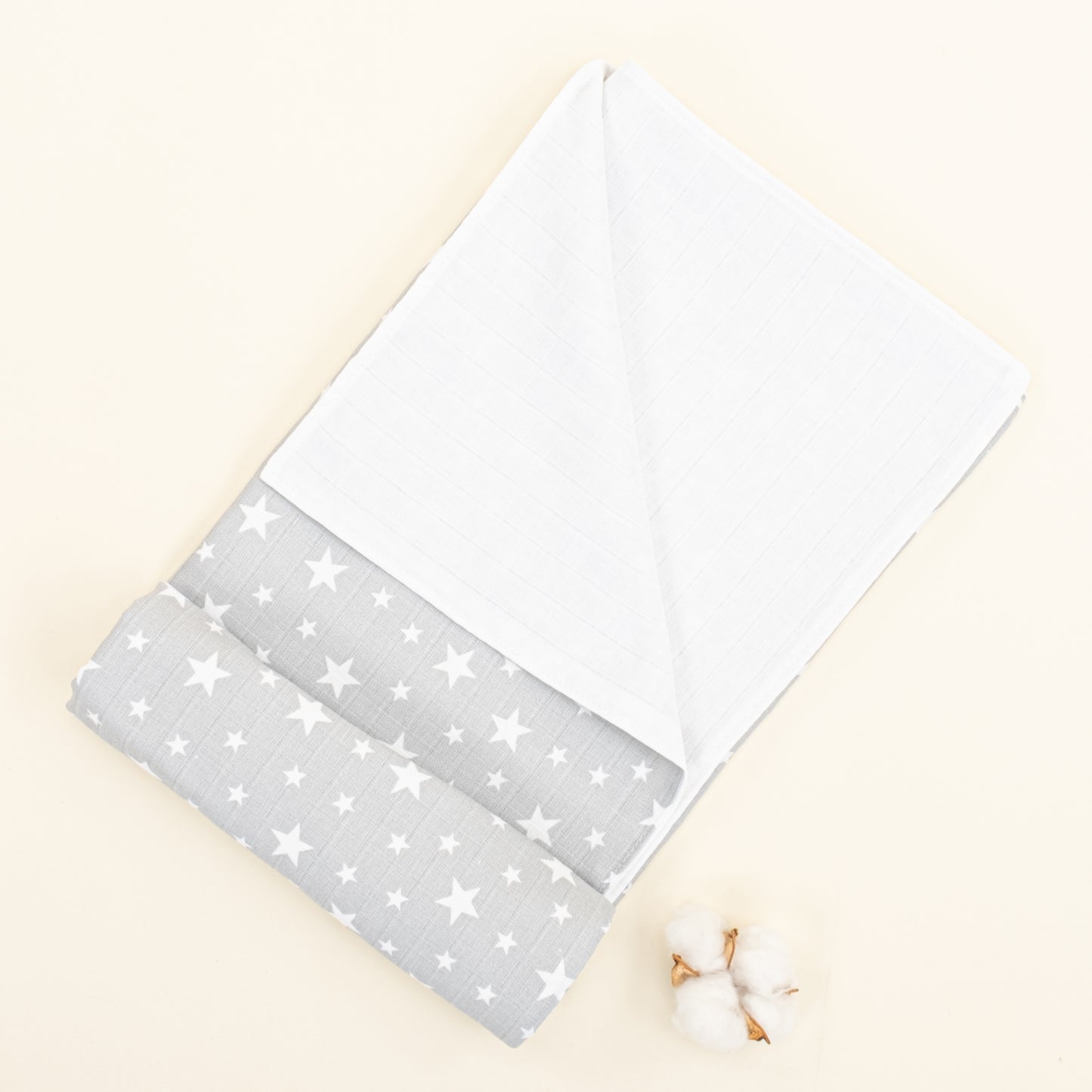 Çift Taraflı Muslin Örtü - Krem Muslin - Gri Minik Yıldızlar