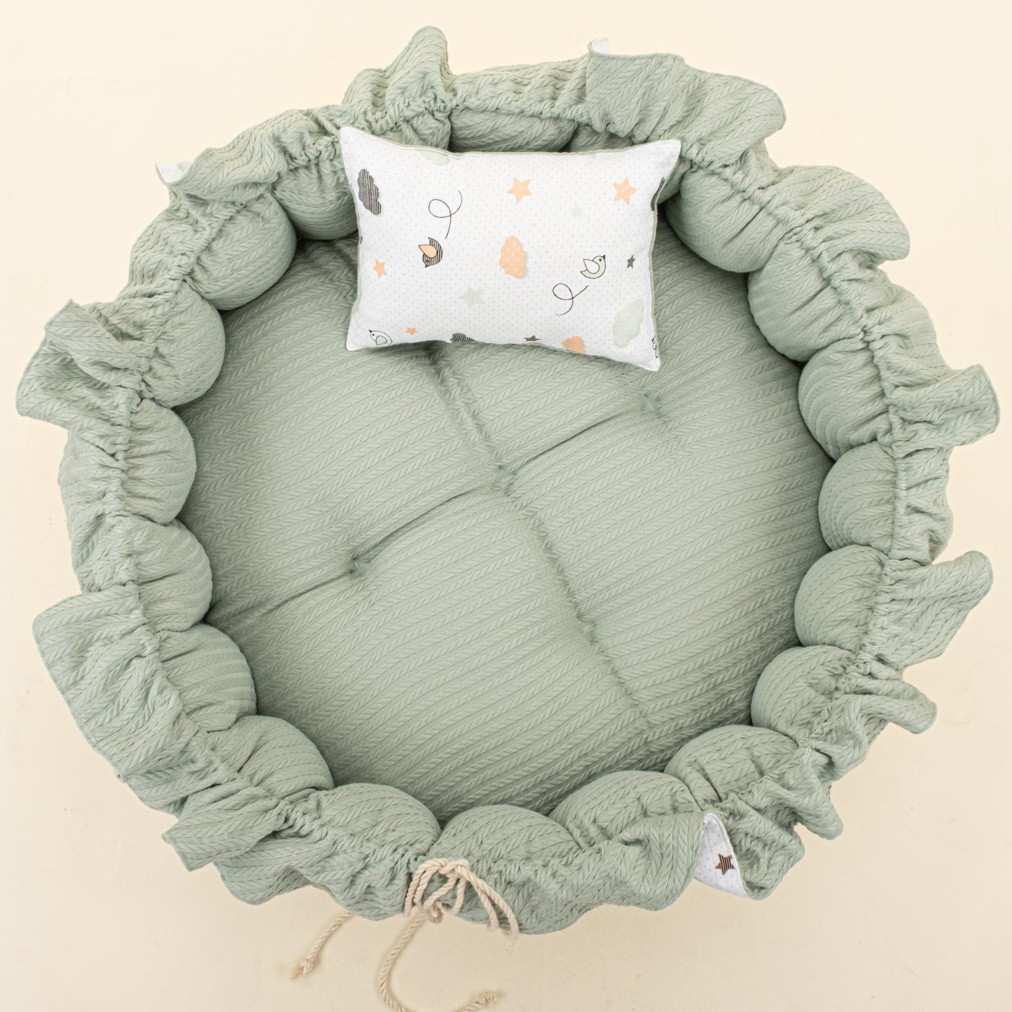 Yuvarlak Babynest ve Yastık - Çift Taraflı - Mint Örgü - Kuş