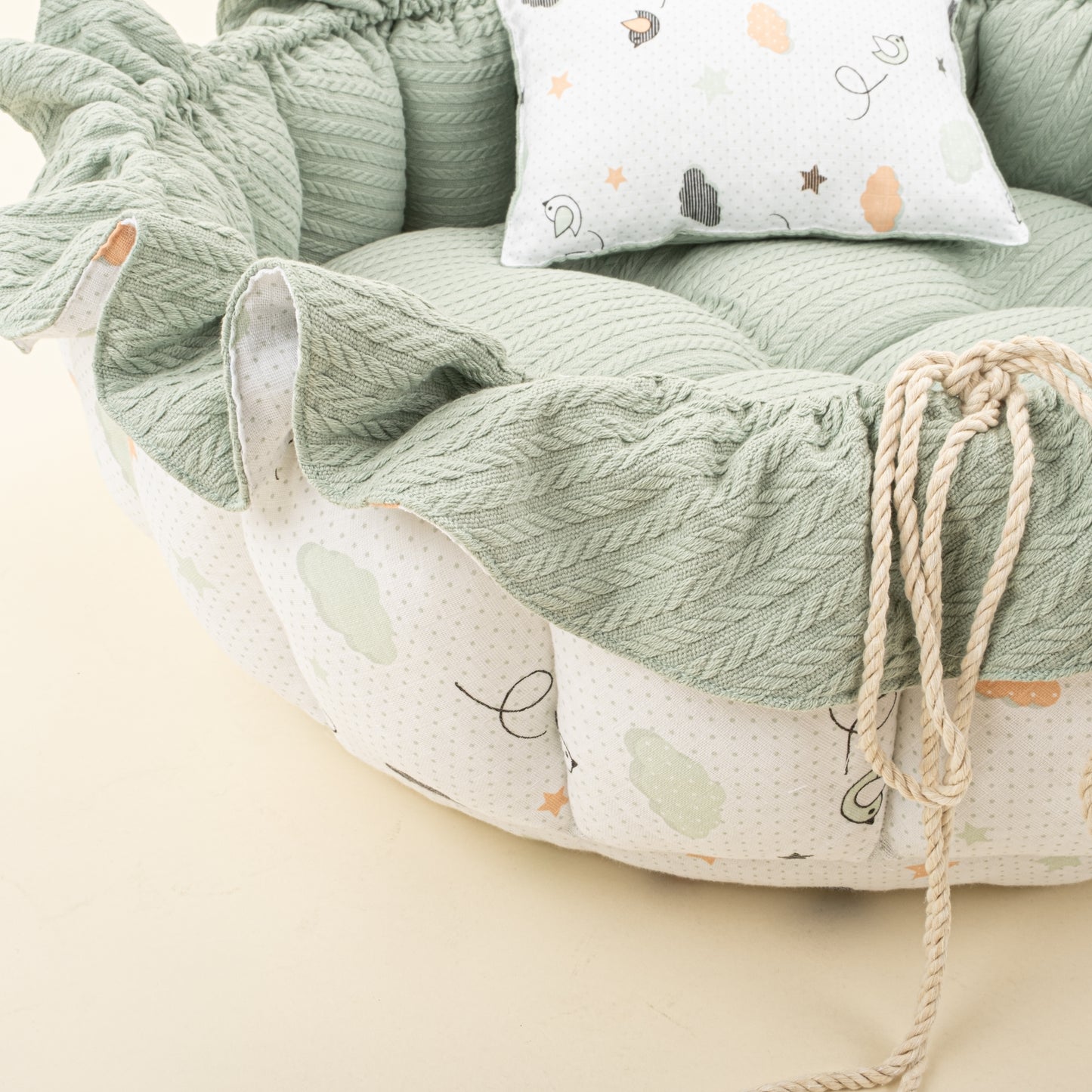 Yuvarlak Babynest ve Yastık - Çift Taraflı - Mint Örgü - Kuş