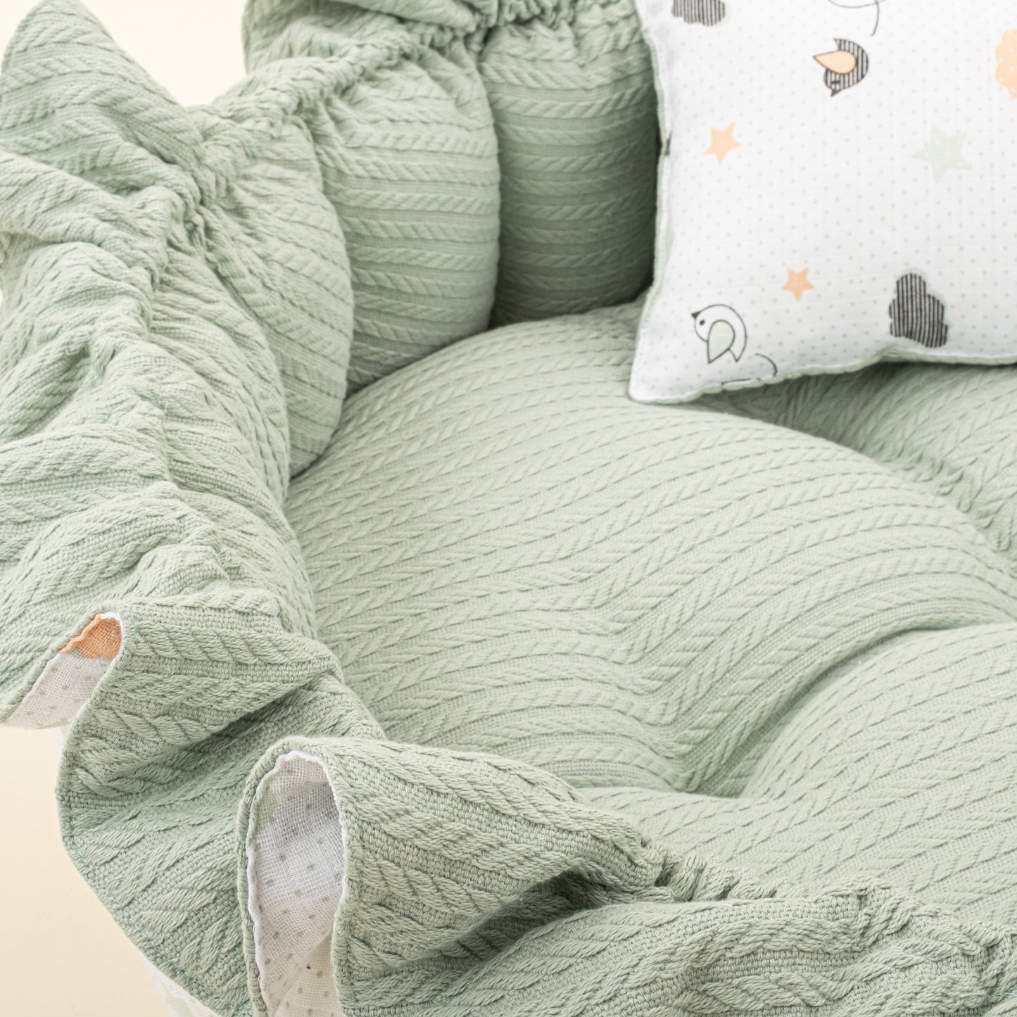 Yuvarlak Babynest ve Yastık - Çift Taraflı - Mint Örgü - Kuş