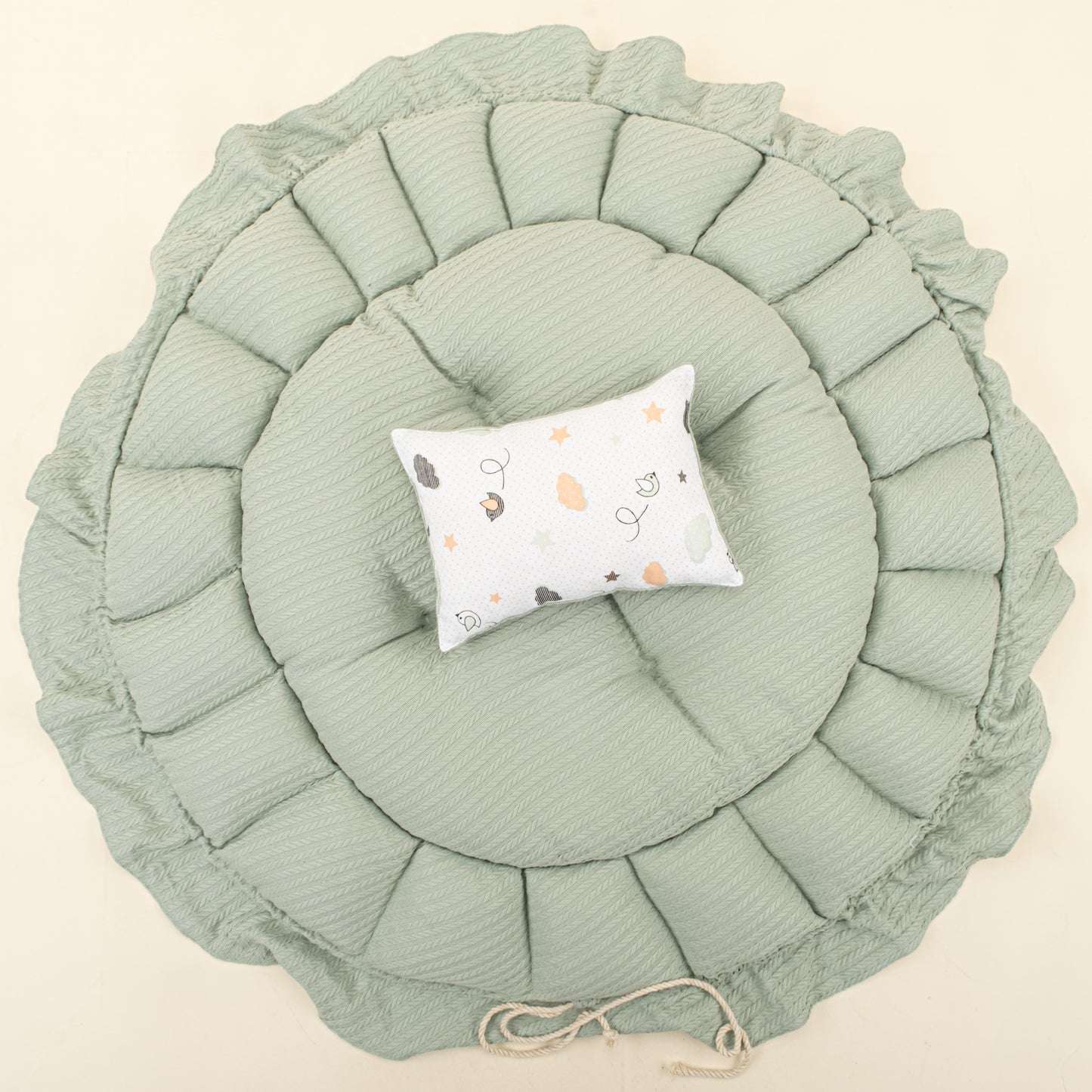 Yuvarlak Babynest ve Yastık - Çift Taraflı - Mint Örgü - Kuş