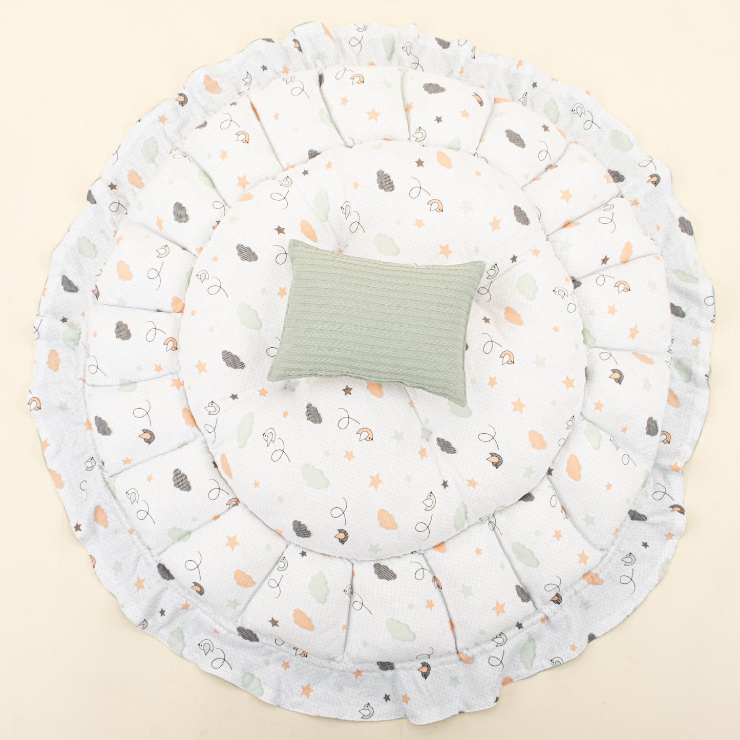 Yuvarlak Babynest ve Yastık - Çift Taraflı - Mint Örgü - Kuş