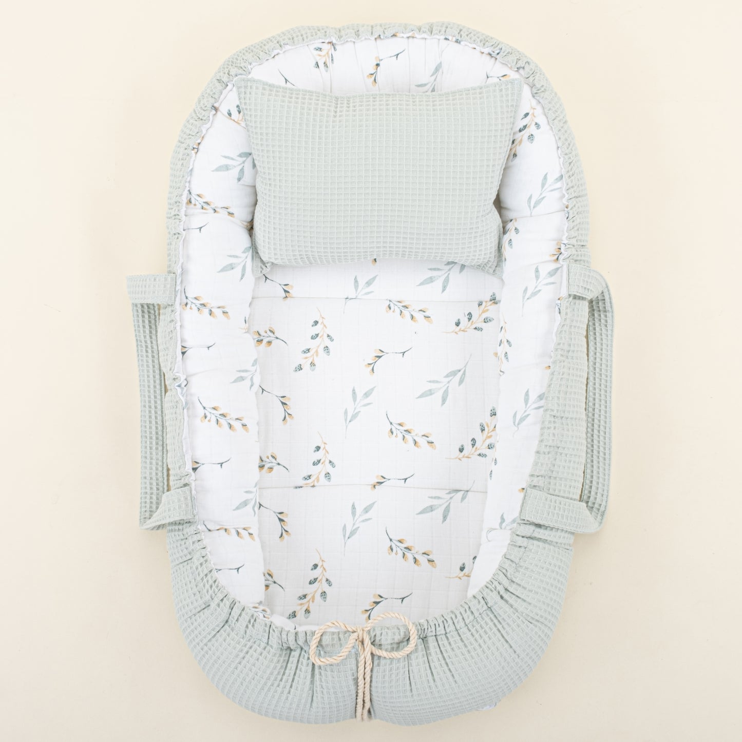 Babynest ve Yastık - Çift Taraflı - Açık Yeşil Petek - Yapraklar