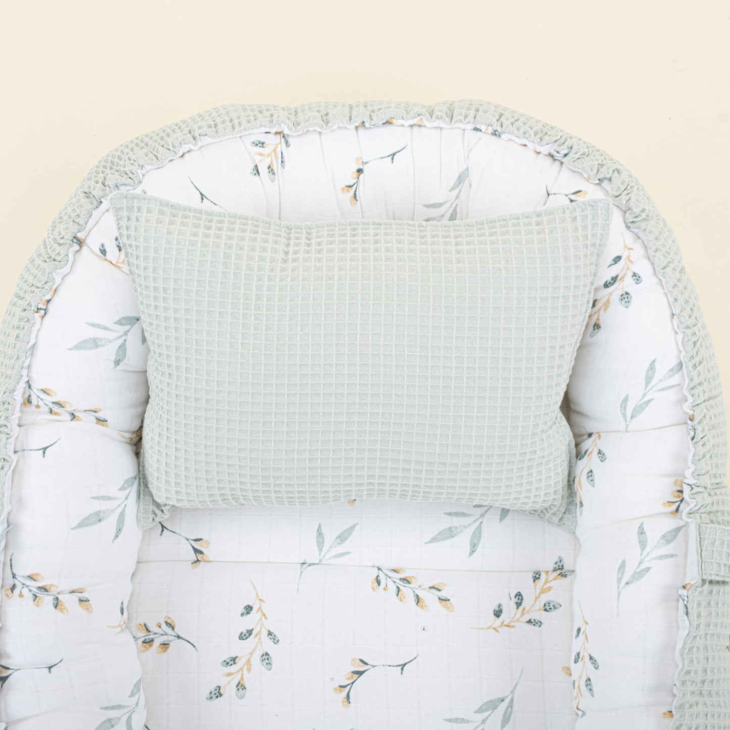 Babynest ve Yastık - Çift Taraflı - Açık Yeşil Petek - Yapraklar