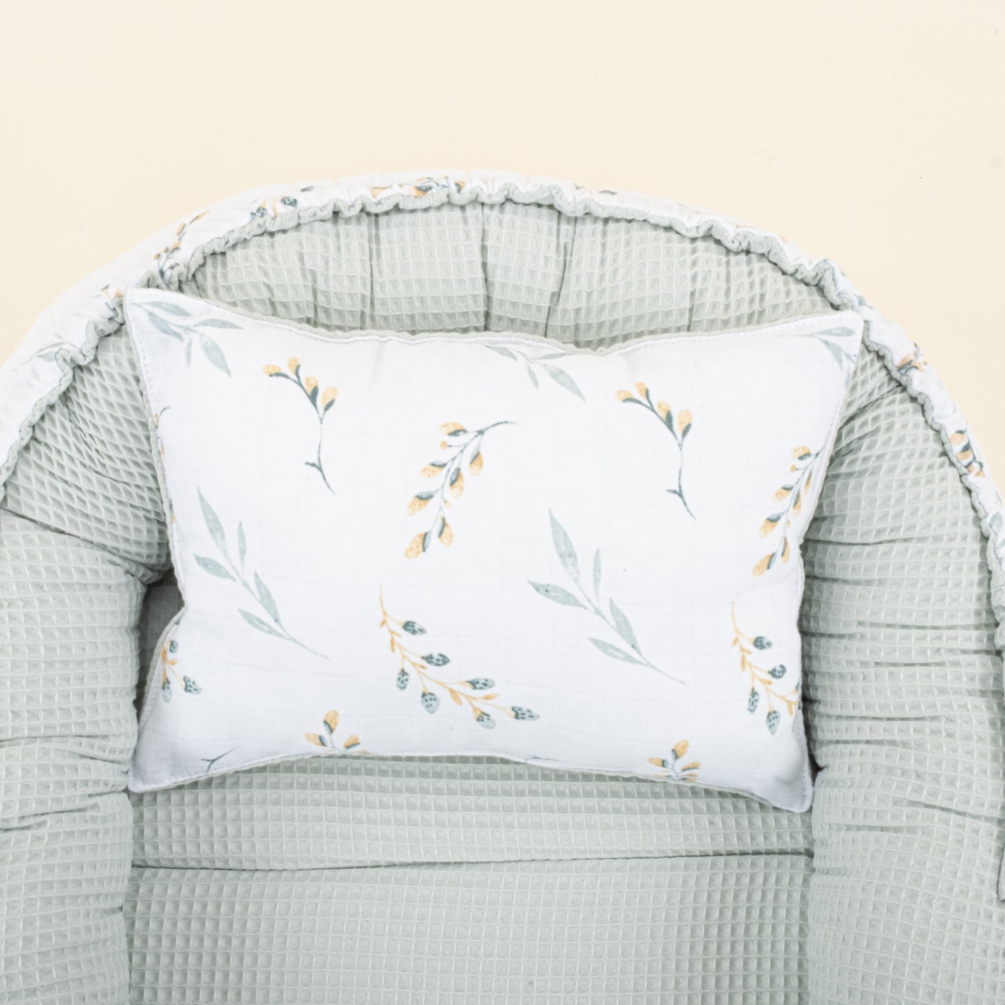 Babynest ve Yastık - Çift Taraflı - Açık Yeşil Petek - Yapraklar