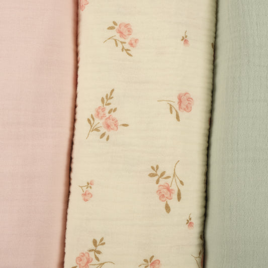 3'lü Set - İki Katlı Müslin Örtü - Bebe Pembe - Soft Çiçekler - Mint