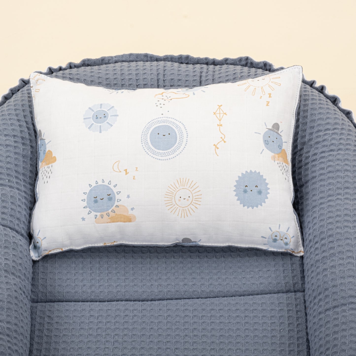 Babynest ve Yastık- Çift Taraflı - Açık İndigo Petek - Mavi Güneş