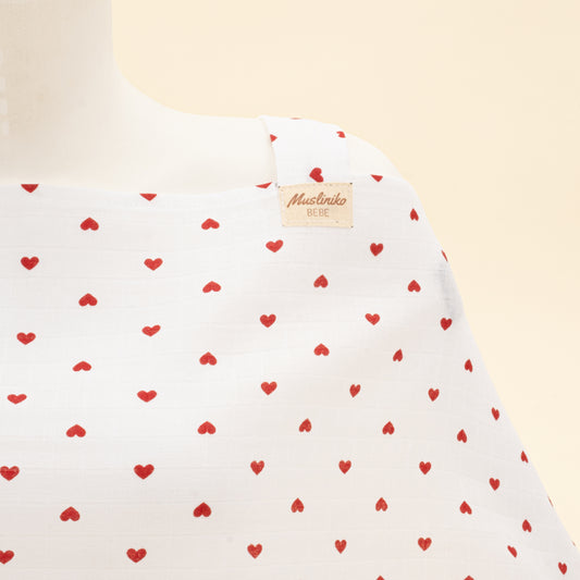 Çift Katlı Muslin Emzirme Önlüğü - Kırmızı Kalp