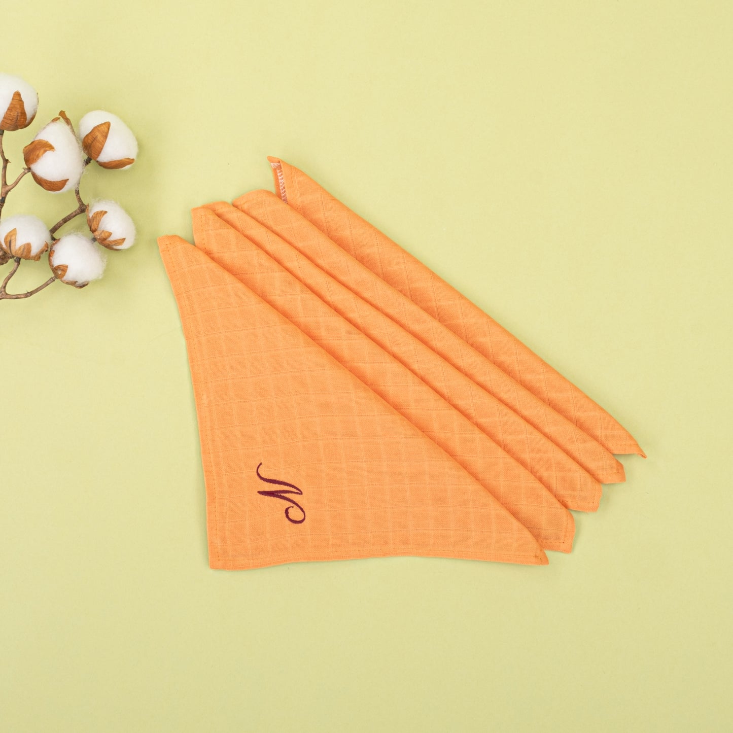 5'li N Harf Nakışlı Mendil Set - Turuncu Muslin