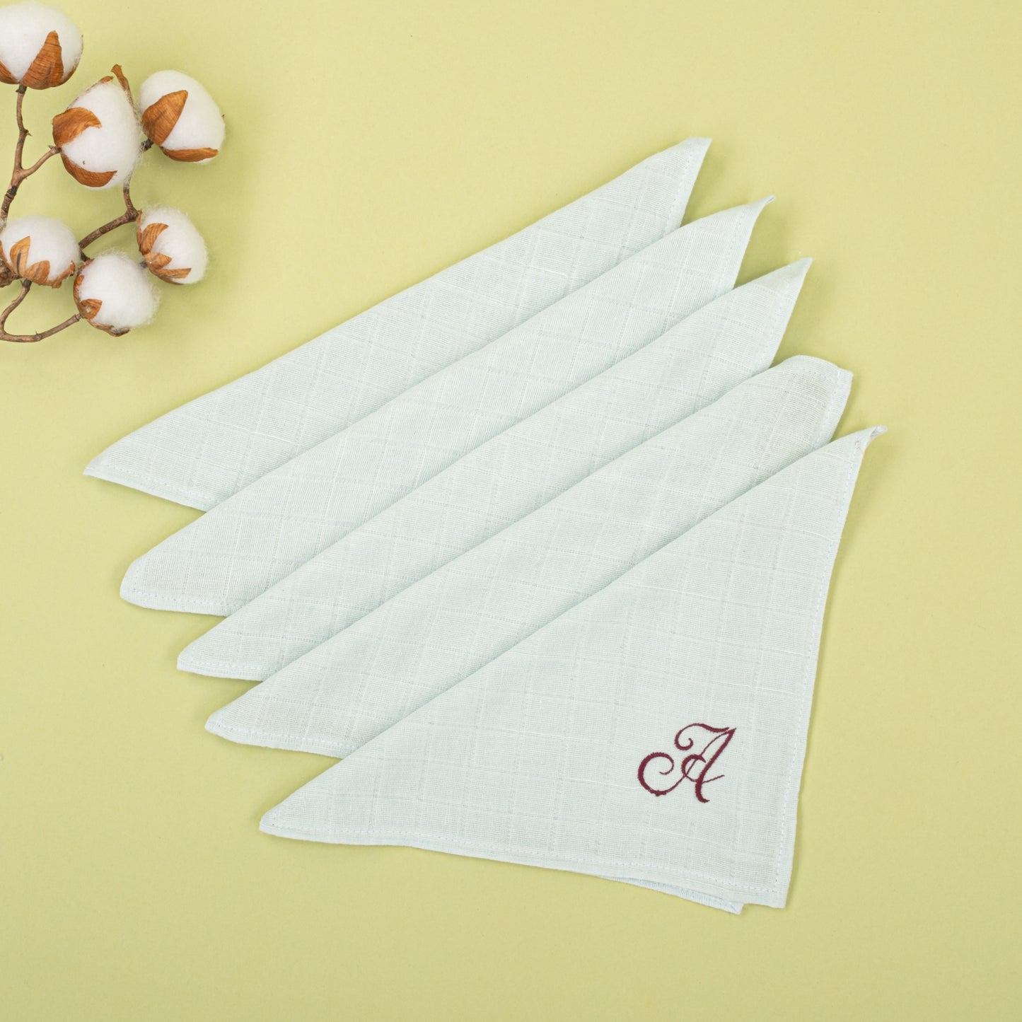 5'li A Harf Nakışlı Mendil Set - Su Yeşili Muslin