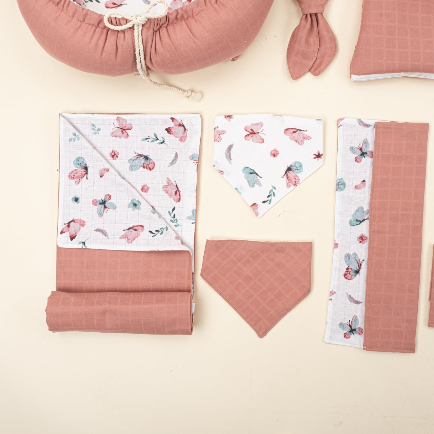 25 Parça Full Set - Çift Taraflı - Gül Kurusu Muslin - Kelebekler