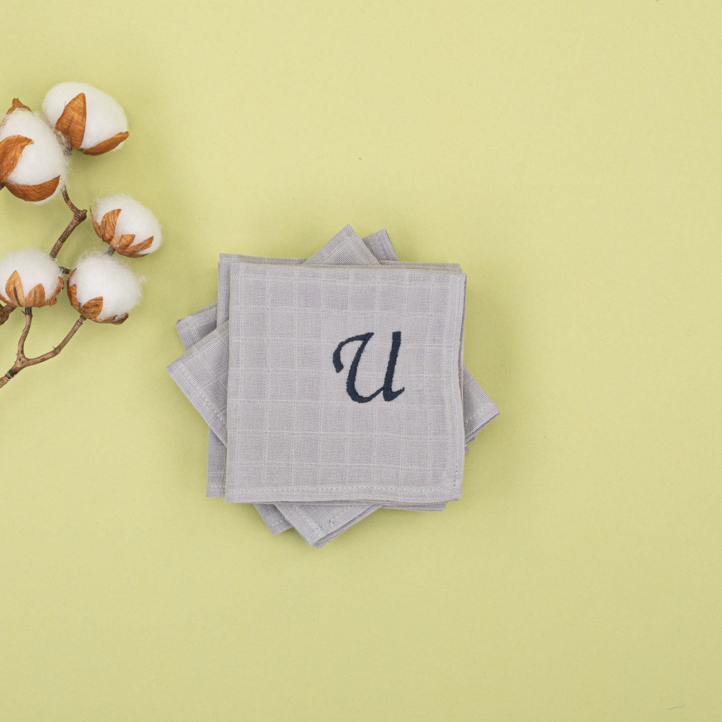 5'li U Harf Nakışlı Mendil Set - Gri Muslin
