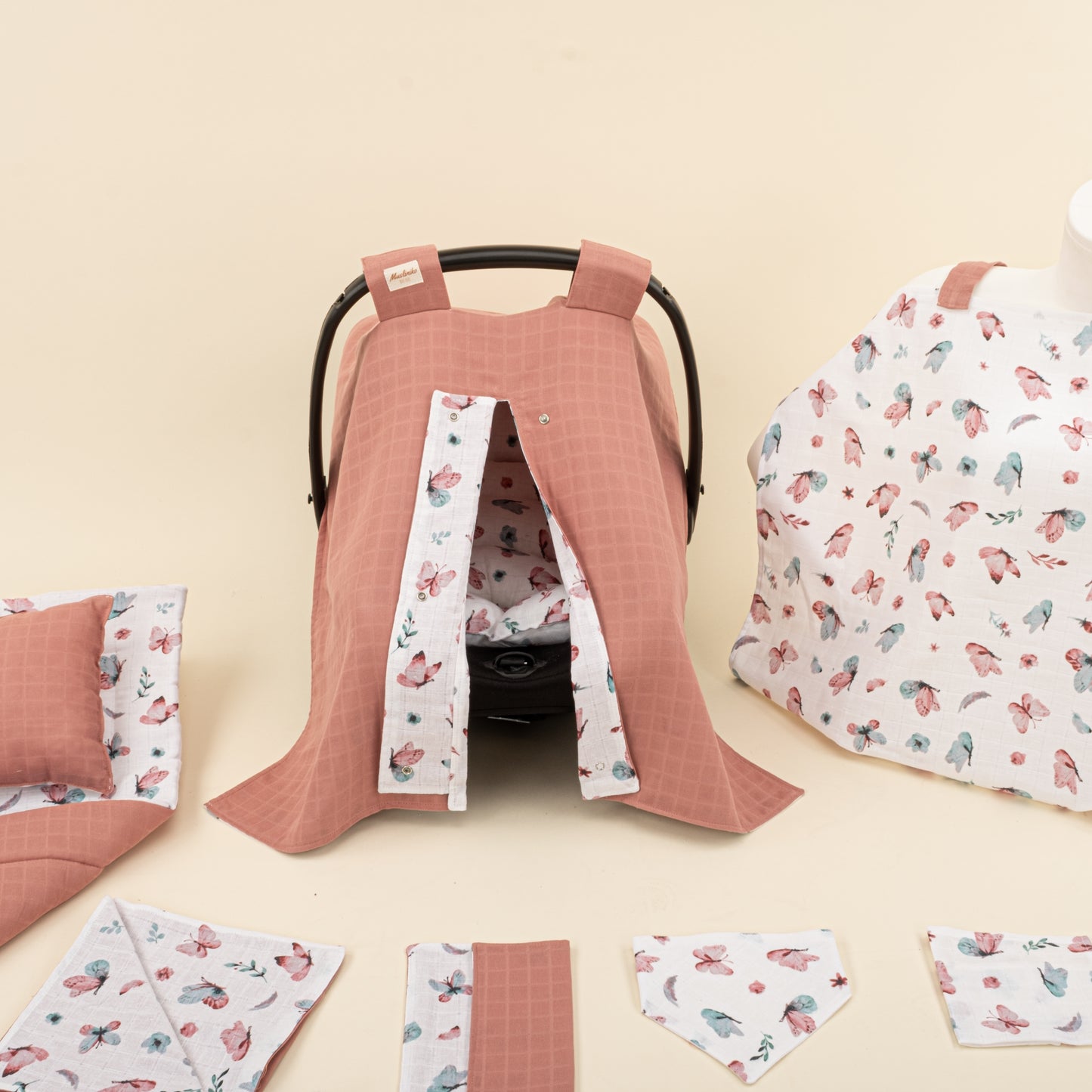 11 Parça Avantajlı Set - Çift Taraflı - Gül Kurusu Muslin - Kelebekler