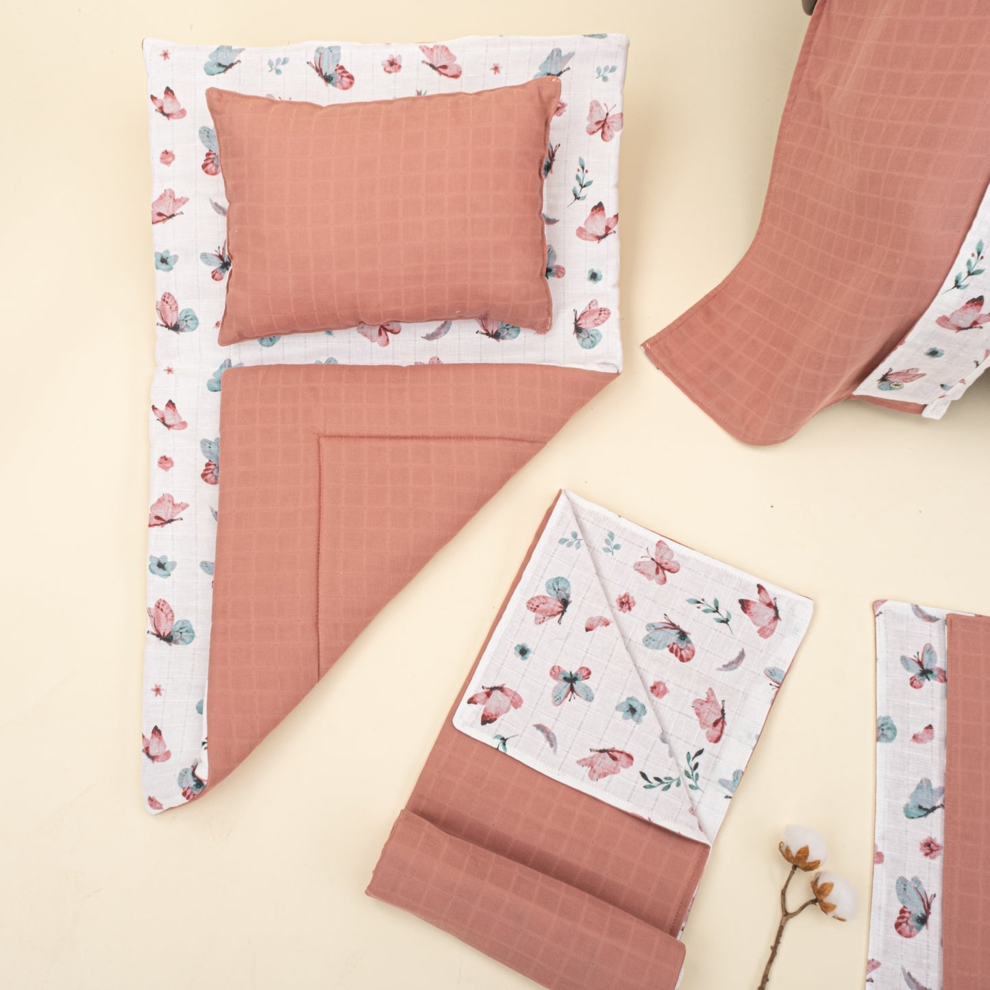 11 Parça Avantajlı Set - Çift Taraflı - Gül Kurusu Muslin - Kelebekler
