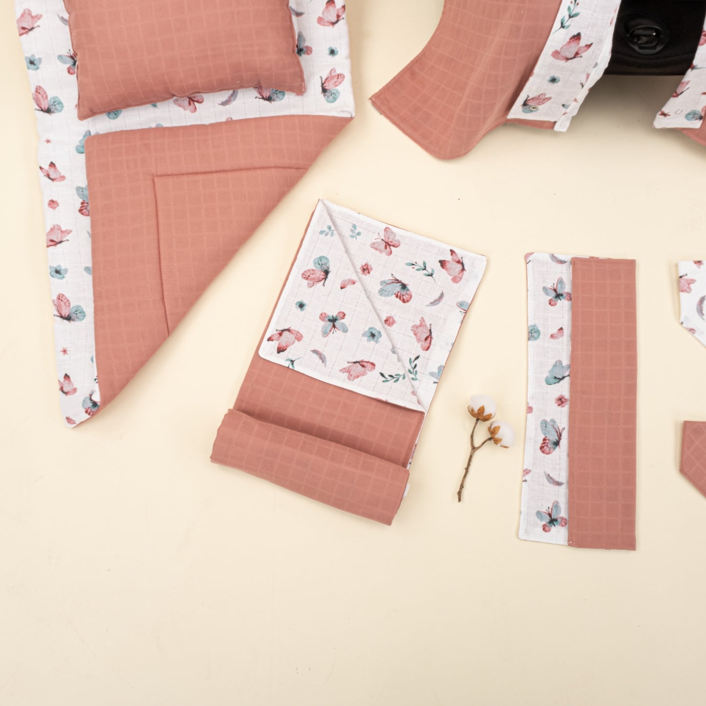 11 Parça Avantajlı Set - Çift Taraflı - Gül Kurusu Muslin - Kelebekler