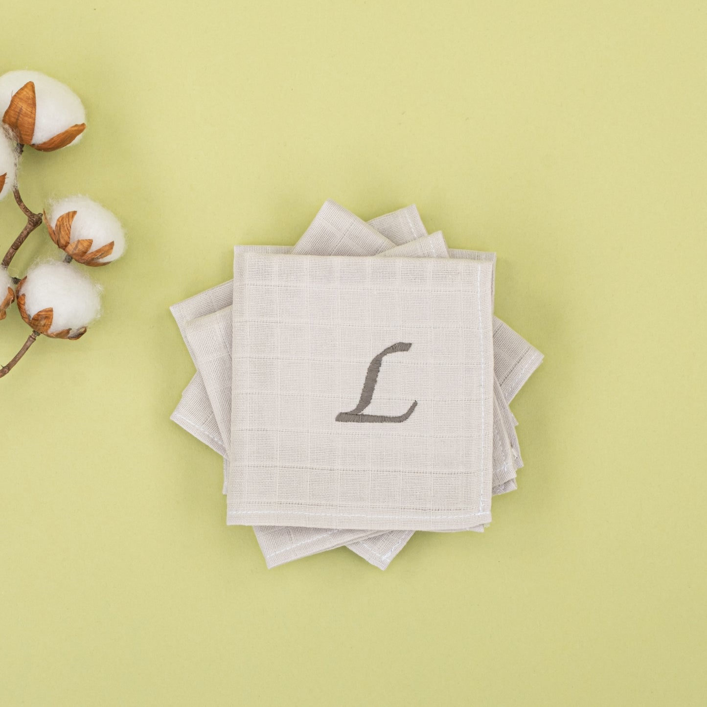 5'li L Harf Nakışlı Mendil Set - Açık Gri Muslin